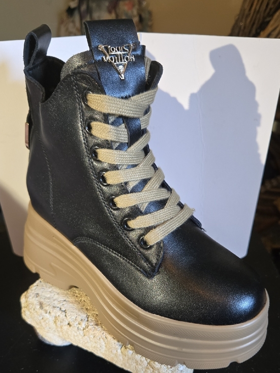 Louis Vuitton Type Shoes - Louis Vuitton (Look A Like) Black Faux Leather Platform Boot with Tan Sole, Sz 5